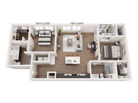Floor plan for 2 beds, 2 baths, 1142 sqft